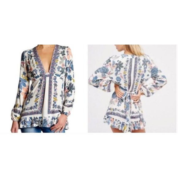 Free People Tops - Free People Violet Hill White Floral Long Sleeve Mini Dress or Tunic Shirt Size